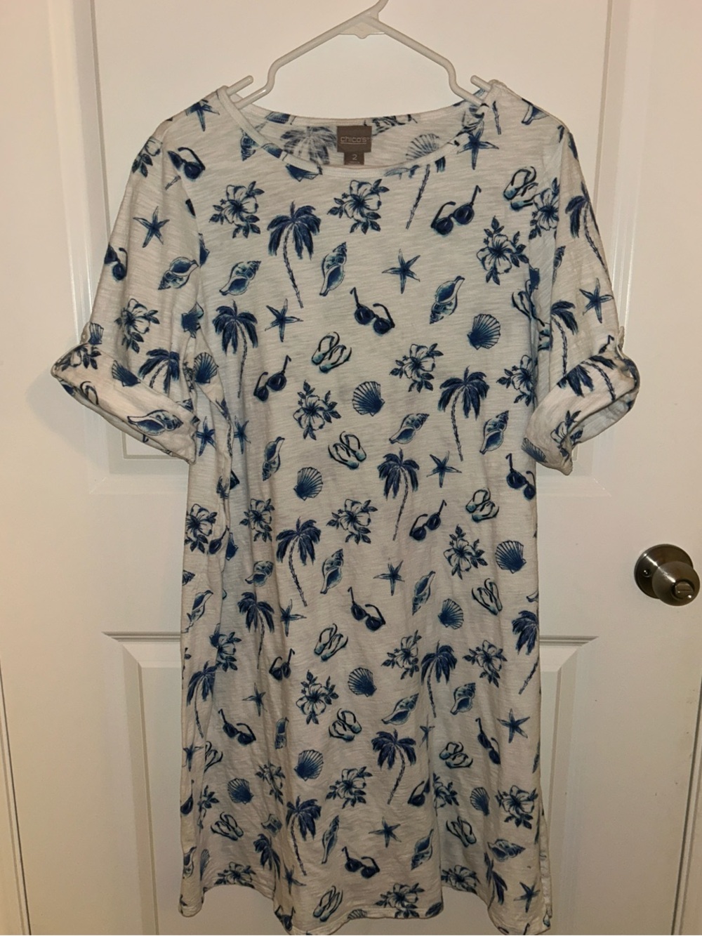 Chico's White and Blue Palm-Print Midi Dress